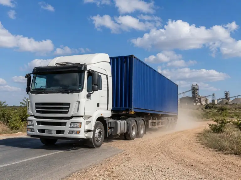 Shacman 6x4 tractor truck hauling a loaded container trailer on a gravel access road with paved highway visible in the background