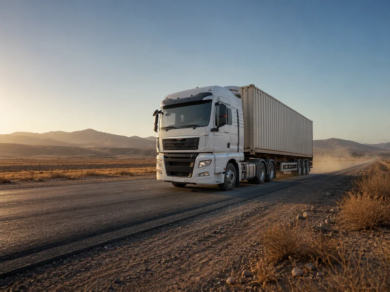Loaded SITRAK 6x4 tractor hauling a container trailer on an export-market highway in Euro V configuration