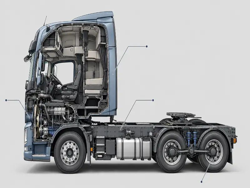 Cutaway schematic of a SITRAK truck cab, chassis and axle showing MAN-licensed drivetrain layout