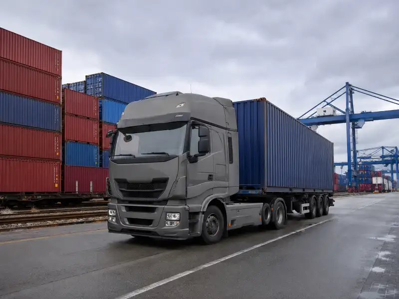 SITRAK truck tractor unit hauling a container trailer at a freight logistics yard