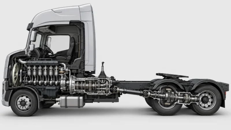 Cutaway of a Shacman X3000 drivetrain showing engine, FAST transmission, and rear drive-axle configuration