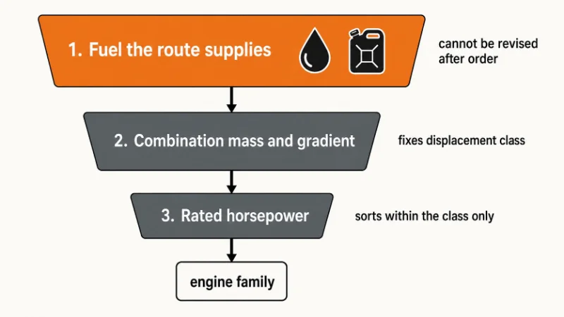 Decision flow ranking fuel supply above mass and horsepower when choosing a Sitrak engine